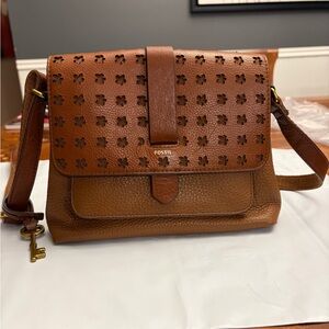 Fossil Tan Perforated Leather Crossbody Bag